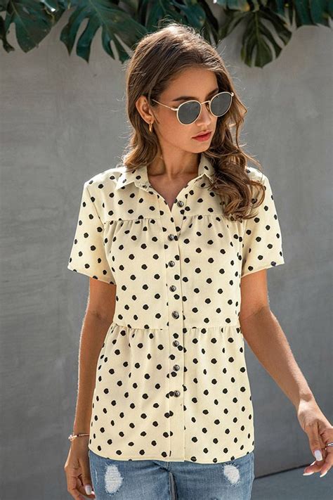 Hualong Cute Short Sleeve Button Down Apricot Polka Dotted Blouses 1