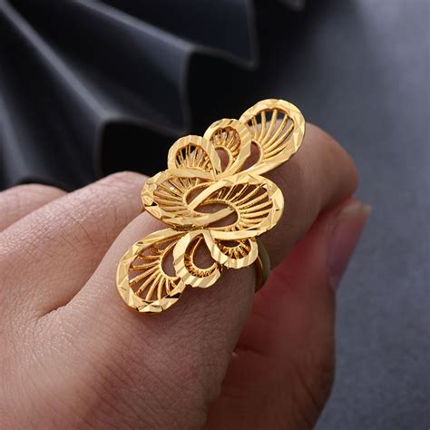 Hollow Long Flower Shape Finger Ring K Gold Plated Copper Ring Nel