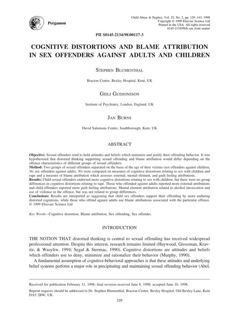 Pdf Cognitive Distortions And Blame Attribution In Sex Offenders