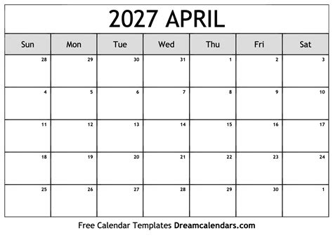 April 2027 Calendar - Free Printable with Holidays and Observances