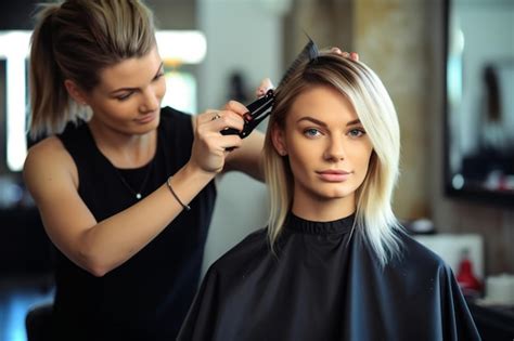 Premium Photo Blonde Woman Getting Her Hair Cut By Salon