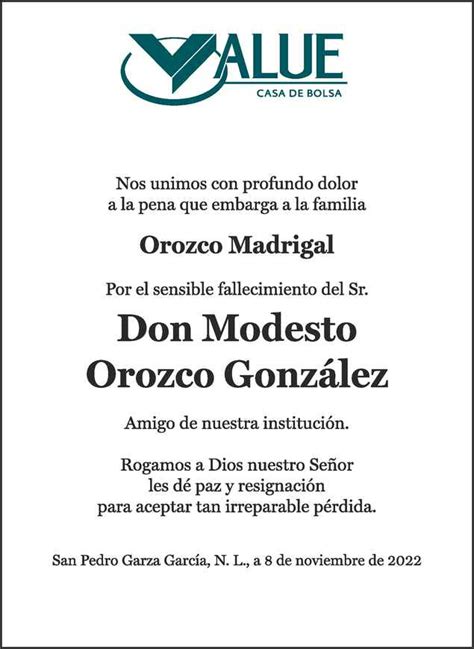 Señor Modesto Orozco González Obituario Esquela