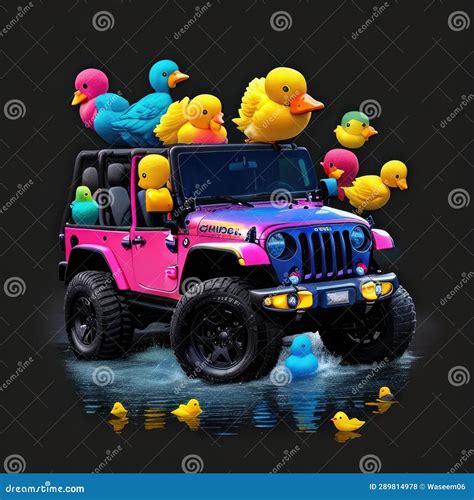 Rubber Ducky Jeep Wrangler Surrounded by Playful, Colorful Ducks Stock ...