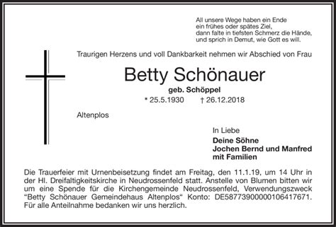 Traueranzeigen Von Betty Sch Nauer Nordbayerischer Kurier