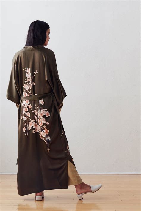 Hand Painted Cherry Blossom Kimono Robe Long Kim Ono Long Silk