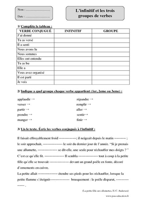 Infinitif Trois groupes de verbes Cm2 Exercices corrigés