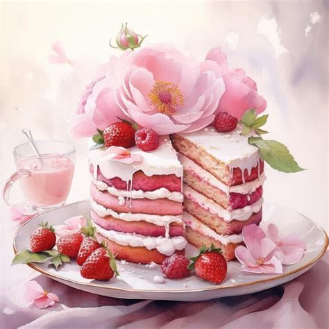 Premium Photo Watercolor Homemade Naked Layered Vanilla Cake With Whipped Cream And Fresh