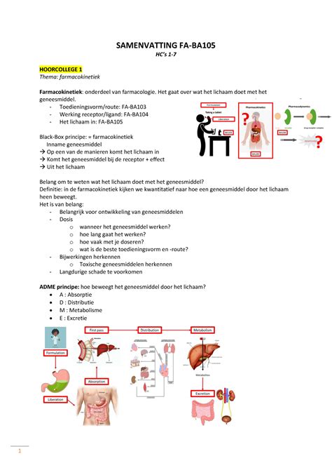 Kinetiek Van Geneesmiddelen Samenvatting SAMENVATTING FA BA HCs 1