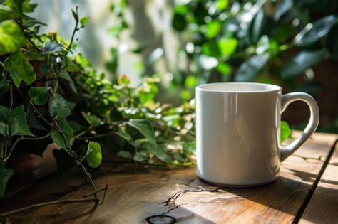 Premium Photo A White Coffee Cup Sitting On Top Of A Wooden Table