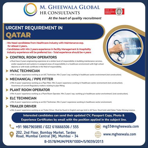 Job Vacancies For QATAR M Gheewala Global HR Consultants Human