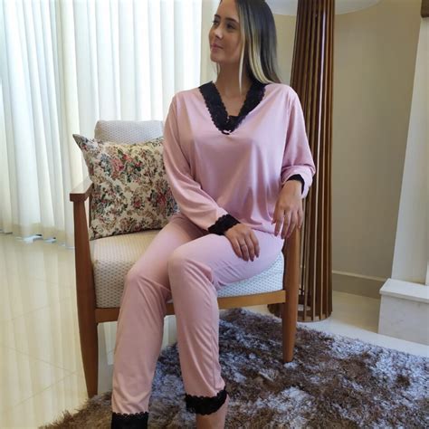 Pijama De Malha Longo Rosa Senses Lingerie