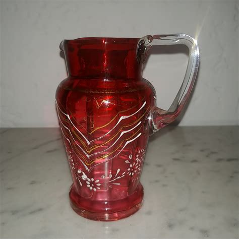 Antique Cranberry Glass Hand Blown And Painted Pitcher Circa Etsy