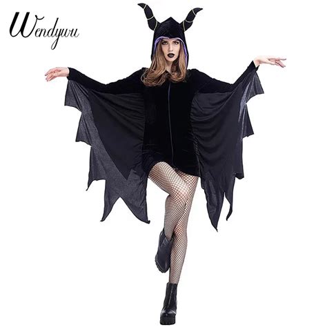 Wendywu New Design Sexy Women Halloween Bat Cosplay Solid Black Hooded