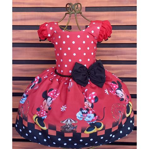 Vestido Luxo Temático Infantil Festa Minnie Vermelha bolinhas branca