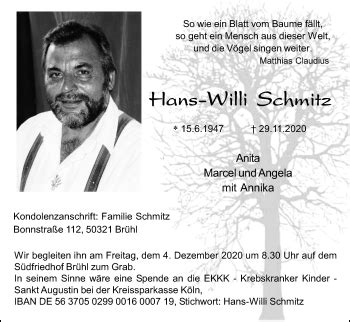 Traueranzeigen Von Hans Willi Schmitz Wirtrauern