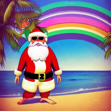 Whimsical Psychedelic Rainbow Santa At Beach With Sunglasses · Creative