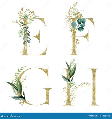 Gold Floral Alphabet Set Letters E F G H With Green Botanic Branch