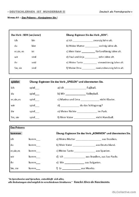 A Das Pr Sens F R Anf Nge Deutsch Daf Arbeitsbl Tter Pdf Doc