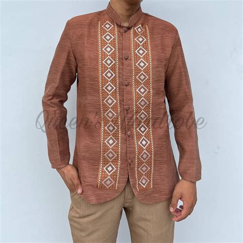 Coat Barong Tagalog Double Collar Choco Brown Ethnic Design Modern