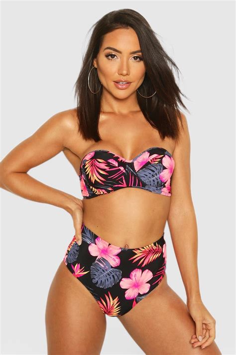 Womens Tropical Floral Underwired High Waist Bikini Set Boohoo Uk