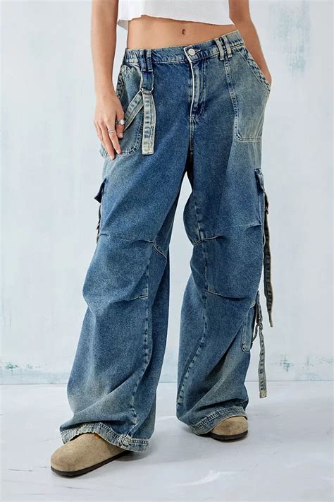 Bdg Strappy Bleached Denim Baggy Cargo Pants Urban Outfitters Uk