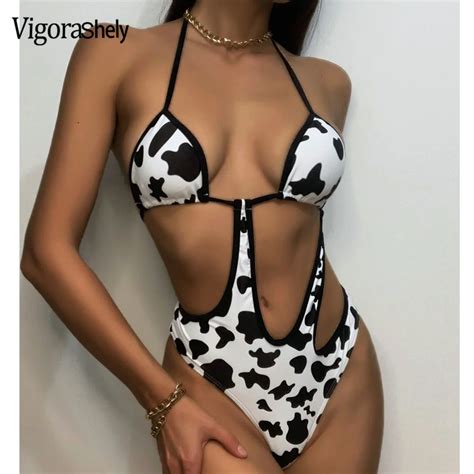 Vigorashely 2022 Sexy Cow Print Halter Swimwear Women High Waist Cut