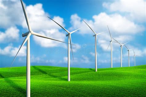 Wind Turbines Farm On A Green Grass Hills Stock Image Image Of