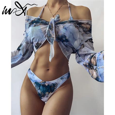In X Tie Dye Print Piece Swimsuit Female Sexy Mesh Bikini Long Sleeve Swimwear Women Knot
