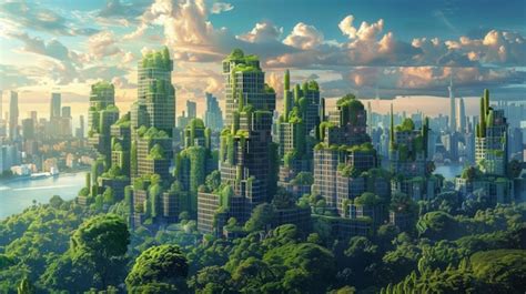 Premium Photo Futuristic City Surrounded By Trees And Water