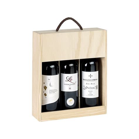 Дървена кутия за вино, за 3 бутилки "Бордо", с плъзгащ се капак и ...