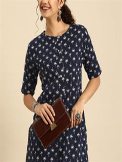 Buy Anouk Navy Blue And White Printed Pure Cotton Round Neck A Line Kurti