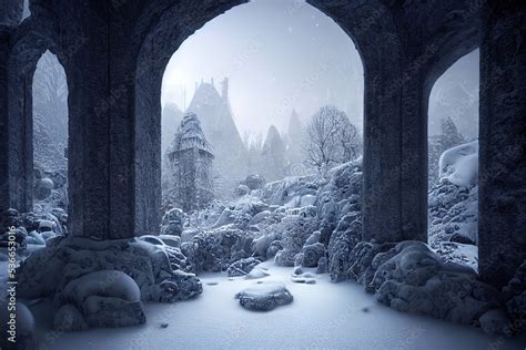 Ancient stone winter castle. Fantasy snowy landscape with a castle ...