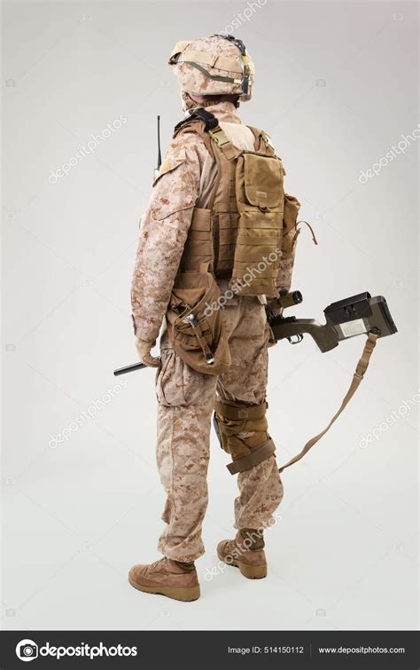 Studio Shoot Of Modern Infantry Soldier Us Marine Rifleman In Combat