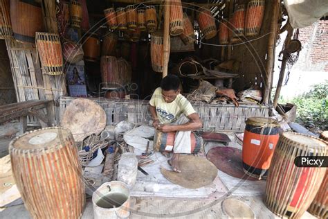 Image Of Artist Making Dhol Traditional Assamese Drum Ahead Of Rongali Bihu Festival At