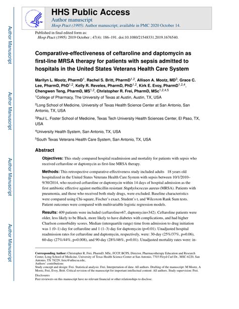 Pdf Comparative Effectiveness Of Ceftaroline And Daptomycin As First