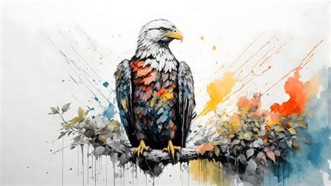 Premium Photo | Colorful ink drawing of a bald eagle perched on tree branch in watercolor background