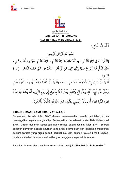 Teks Khutbah Jumaat April Nasihat Akhir Ramadan Pdf