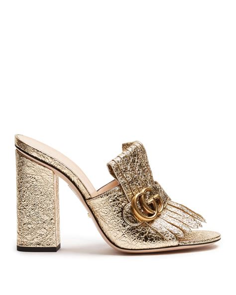 Gucci Marmont Fringed Leather Sandals In Metallic Lyst