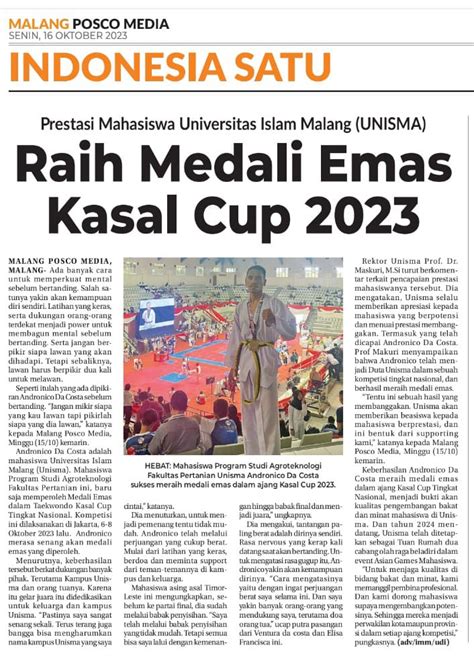 Prestasi Mahasiswa Unisma Raih Medali Emas Kasal Cup Universitas