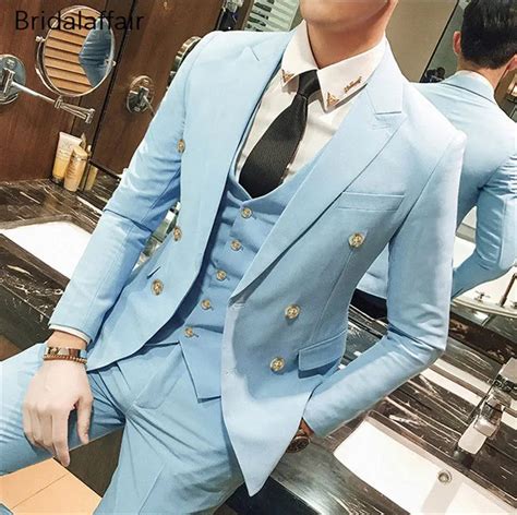 Kuson Latest Coat Pant Designs Sky Blue Men Suit Set Slim Fit 3pcs