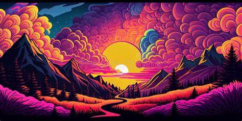 Colorful Psychedelic Landscape Cartoon Style Wallpaper. 70s Hippie ...