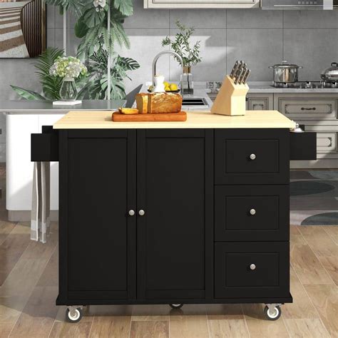 Zeus & Ruta Black Solid Wood 52.7 in. Kitchen Island with Drawers and ...