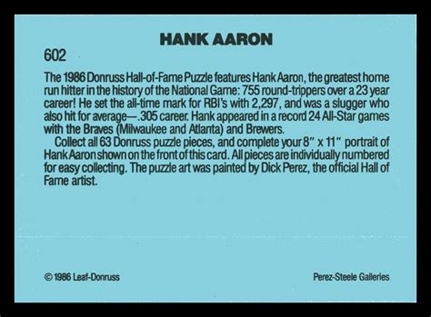 1986 Donruss Hank Aaron Puzzle Card HOF 259 Atlanta Braves Puzzle