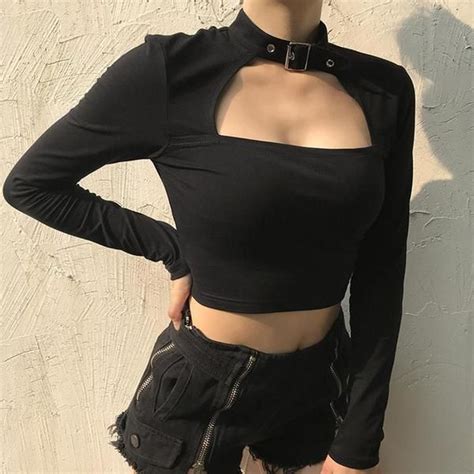 Black Crop Top Metal Buckle Hollow Short T Shirt Long Sleeve Tshirt Women Black Crop Tops