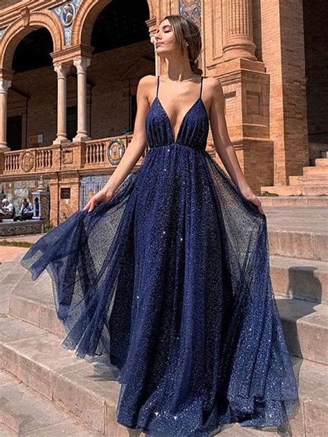 A Line V Neck Backless Blue Prom Dresses V Neck Blue Backless Formal