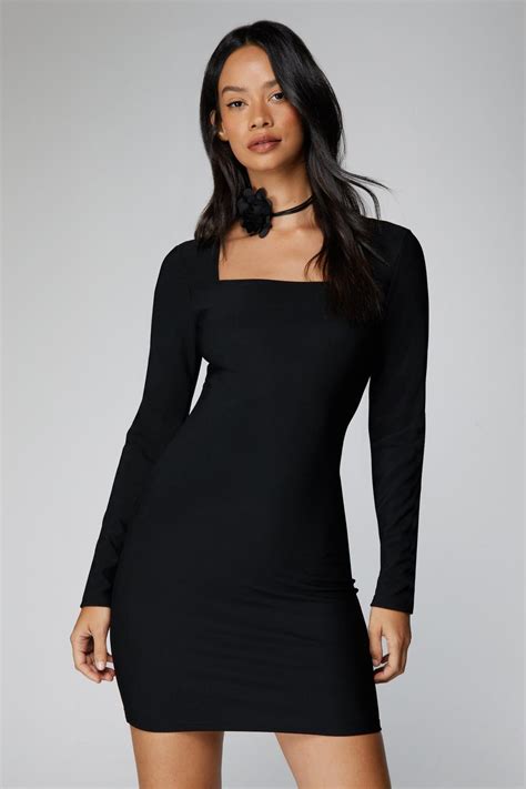 Square Neck Long Sleeve Mini Dress Nasty Gal