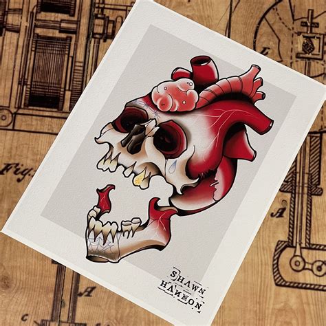 Heart Skull Tattoo Art Print Etsy Uk