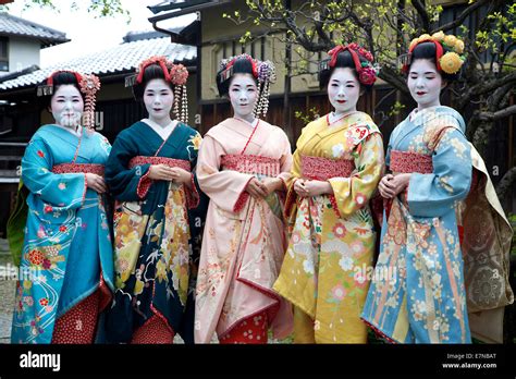 Group Of Japanese Women Geishas Posing For A Picture Gion Area Kyoto Japan Asia