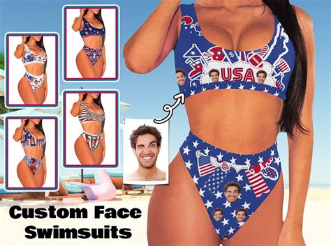 Custom Face Bikini Personalized Us Flag Swimsuit With Photo Women S Sport Top High Waisted