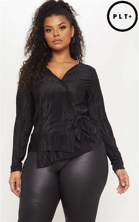 Plus Black Plisse Wrap Top Plus Size Outfits Plus Size Fashion For Women Plus Size Fashion